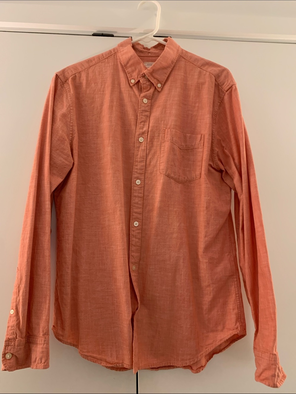GAP Men's Long-Sleeve Button-Down Linen Shirt in Salmon Color